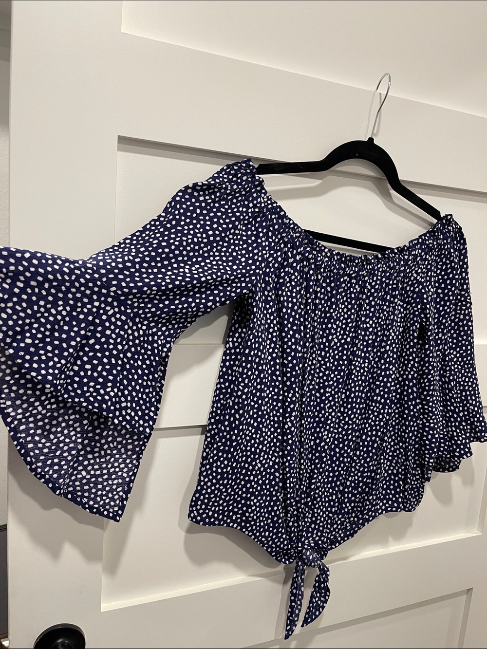 Express Navy and White Polka Dot Off-Shoulder Tie Front Blouse